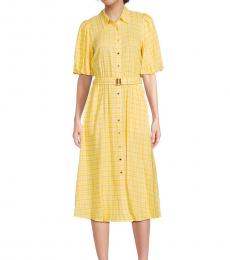 Karl Lagerfeld Yellow Spread Collar Belted Midi-Dress