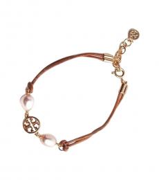 Tory Burch Brown Miller Pearl Logo Vachetta Bracelet