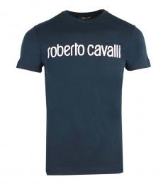 Roberto Cavalli Navy Blue Logo Print Cotton T-Shirt