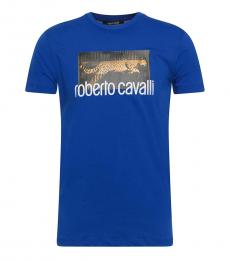 Roberto Cavalli Royal Blue Cheetah Logo Print T-Shirt