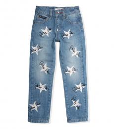 Philipp Plein Girls Blue Boyfriend Fit Logo Denim Jeans