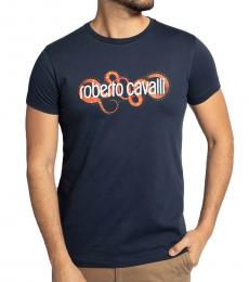 Roberto Cavalli Navy Blue Logo Print T-Shirt