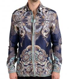 Versace Collection Dark Blue Silk Graphic Dress Shirt