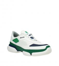 Prada White Dark Green Fabric Sneakers