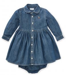 Ralph Lauren Baby Girls Indigo Shirred Denim Shirtdress