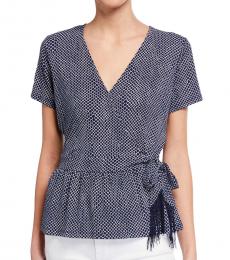 Michael Kors White Pattern Fringe Tie Faux-Wrap Blouse