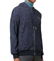 Etro Navy Blue Allover Print Logo Hoodie Jacket