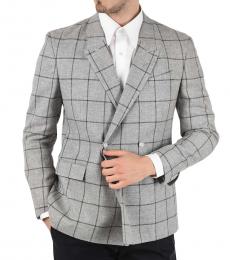 Light Grey Cc Collection Tattersall Check Virgin Wool And Flax Peak Lapel Double-Breasted Reset Blazer Drop 8R