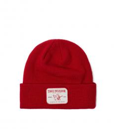True Religion Red Logo Patch Beanie Hat