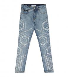 Philipp Plein Girls Blue Rhinestone High Waist Jeans