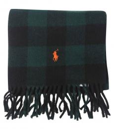 Ralph Lauren Green Black Plaid Orange Pony Scarf