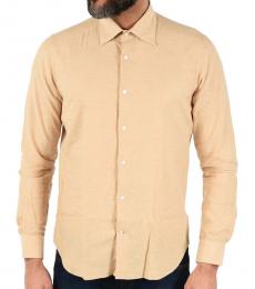 Beige  Flax Blend Spread Collar Slim Shirt