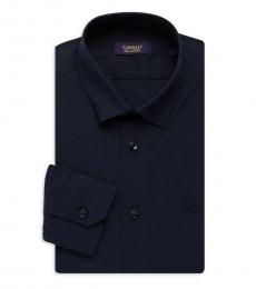 Cavalli Class Navy Blue Slim-Fit Dress Shirt