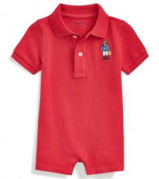 Ralph Lauren Baby Boys Sunrise Red Polo Bear Mesh Shortall