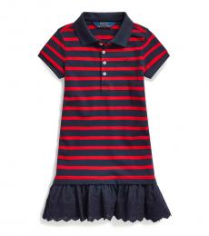 Ralph Lauren Little Girls Red/Hunter Navy Eyelet Polo Dress