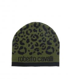 Roberto Cavalli Black-Military Green Leopard Beanie