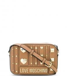 Love Moschino Brown Metal Studs Camera Small Crossbody