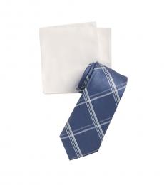 Michael Kors Blue Large Plaid Tie & Pocket Square Set