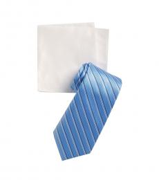 Michael Kors Blue Satin Stripe Tie & Pocket Square Set