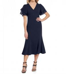 DKNY Midnight Navy Crepe Midi Trumpet Hem Dress