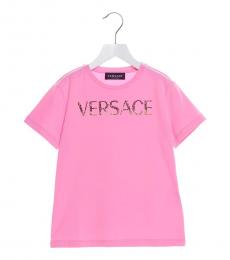Young Versace Girls Pink Rhinestone Logo T-Shirt
