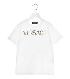 Young Versace Little Girls White Rhinestone Logo T-Shirt