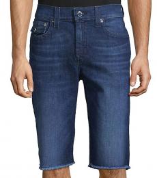True Religion Dark Blue Fringe-Trim Denim Shorts