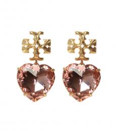 Tory Burch Gold Pink Crystal Heart Drop Earrings