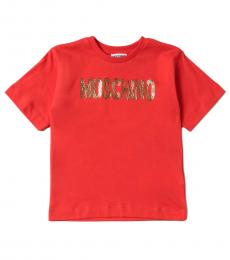 Moschino Little Girls Red Laminated Logo T-Shirt