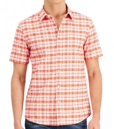 Orange Short-Sleeve Stretch Oxford Plaid Shirt
