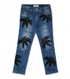 Philipp Plein Little Girls Blue Slim Fit Palm Denim Jeans