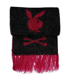 Philipp Plein Black Red Bunny Skull Logo Scarf