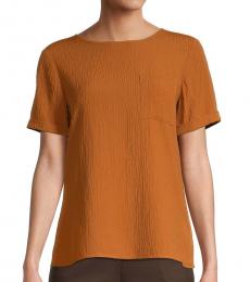 Brown Crinkle Rolled-Cuff Top