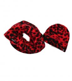 DKNY Red Black Fuzzy Animal Knit Beanie & Scarf Set