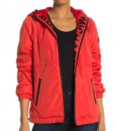 Michael Kors Bright Red Hooded Logo Plush Jacket