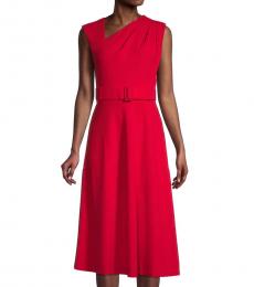 Red Asymmetric Belted Dress