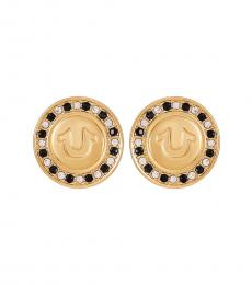 True Religion Golden Crystal Horseshoe Button Stud Earrings