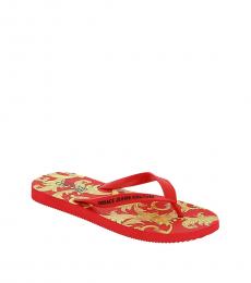 Versace Jeans Couture Red Gold Baroque Print Flip Flops
