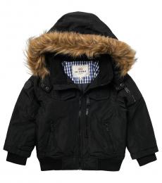 Ben Sherman Little Boys Black Faux Fur Hooded Bomber Parka Jacket