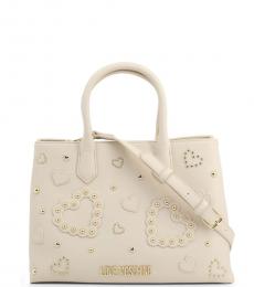 Love Moschino White Studded Heart Large Satchel