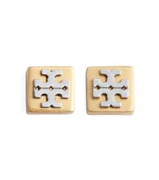 Tory Burch Gold-Silver Block T Logo Stud Earrings