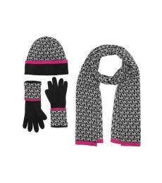 Michael Kors Black Monogram Beanie, Gloves & Scarf Set