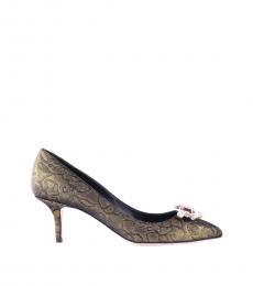 Dolce & Gabbana Khaki Brocade Crystal Brooch Heels