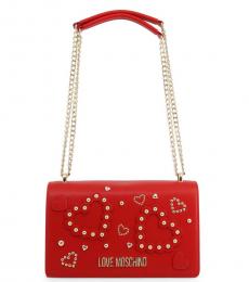 Love Moschino Red Studded Heart Medium Shoulder Bag