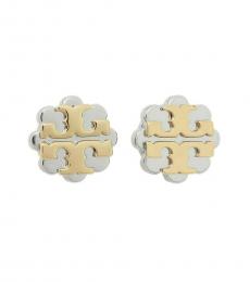 Tory Burch Silver-Gold Logo Flower Two-Tone Stud Earrings