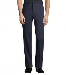 Theory Navy Blue Linen-Blend Flat-Front Pants