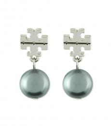 Tory Burch Silver Double T Logo Pearl Drop Earrings