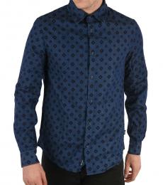 Armani Jeans Dark Blue Denim Argyle-Print Shirt