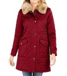 Michael Kors Red Hooded Faux-Fur-Trim Quilted Coat