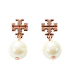 Tory Burch Rose Gold Double T Logo Pearl Drop Earrings